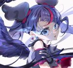  1girl asymmetrical_bangs black_gloves blue_eyes blue_hair cure_sky cure_sky_(dark) detached_sleeves earrings feathered_wings fingerless_gloves floating_hair gloves glowing glowing_eyes hair_ornament highres hirogaru_sky!_precure jewelry long_hair multicolored_hair mv_pxn precure puffy_short_sleeves puffy_sleeves red_hair short_sleeves simple_background solo twintails two-tone_hair uneven_eyes upper_body white_background wing_hair_ornament wings 