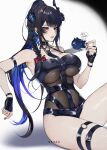  1girl absurdres animal arm_rest arm_strap arm_up armpits artist_name asymmetrical_bangs bare_shoulders belt belt_collar black_gloves black_hair black_horns black_one-piece_swimsuit blue_hair bow braid breasts collar collarbone colored_inner_hair commentary fingerless_gloves fingernails flower gloves hair_bow halterneck hand_up high_ponytail highres holding holding_animal hololive hololive_english holonatsu_paradise horn_flower horns jailbird_(nerissa_ravencroft) keisea large_breasts lips long_hair looking_at_object mole mole_under_eye multicolored_hair nerissa_ravencroft nerissa_ravencroft_(holonatsu_paradise) o-ring o-ring_thigh_strap official_alternate_costume one-piece_swimsuit parted_lips ponytail red_eyes red_nails side_braid simple_background single_braid sitting slit_pupils solo speech_bubble swimsuit thigh_belt thigh_strap virtual_youtuber 