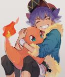  1boy bangs baseball_cap black_legwear black_shirt blue_jacket blush charmander closed_eyes commentary_request eyebrows_visible_through_hair eyelashes fire flame fur-trimmed_jacket fur_trim green_eyes grin hat jacket leggings leon_(pokemon) male_focus pokemon pokemon_(creature) pokemon_(game) pokemon_swsh red_headwear shirt shorts siomeronpan17 sleeves_past_elbows smile tail-tip_fire teeth white_shorts wristband younger 