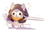  animal_ears artist_name chibi cremechii dog dog_ears dog_tail fur genshin_impact highres hood jewelry necklace no_humans puppy razor_(genshin_impact) solid_eyes solo sparkle sword tail tail_wagging weapon 