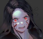  1girl 23i2ko angry black_hair blood blood_on_face commentary english_commentary fangs forehead grey_background hair_over_shoulder hair_ribbon injury kamado_nezuko kimetsu_no_yaiba long_hair looking_at_viewer narrowed_eyes open_mouth orange_eyes parted_bangs portrait ribbon simple_background slit_pupils solo teeth v-shaped_eyebrows wide-eyed 