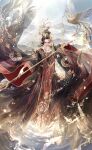  1girl artist_request asymmetrical_bangs bird black_hair black_hanfu blue_sky chinese_clothes closed_mouth collarbone crown dragon_print empress_mingyi_(shining_nikki) expressionless eyeshadow facial_mark fern floating_clothes floating_hair flock forehead_mark full_body game_cg glorious_throne_(shining_nikki) gold_crown hair_bun hair_rings hanfu highres holding holding_staff light_particles light_rays lipstick long_sleeves looking_at_viewer makeup mountain mouth_veil nikki_(series) official_art on_rooftop outdoors petals phoenix rainbow red_eyes red_eyeshadow red_lips red_tabard shining_nikki short_hair simple_bird single_hair_bun single_sidelock sky solo staff standing sun sunlight tabard updo veil white_background wide_sleeves 
