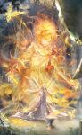 1girl 1other androgynous animal_print artist_request blonde_hair bug butterfly butterfly_print chalice closed_eyes closed_mouth cup dress embers expressionless eyelashes fairy fairy_wings fiery_hair fire floating_hair forest full_body game_cg giant gold_tiara gown grey_dress hair_between_eyes hephaes_(shining_nikki) highres interlocked_fingers juliet_sleeves kneeling layered_dress light_particles lips long_dress long_hair long_sleeves nature neck_ruff night nikki_(series) off-shoulder_dress off_shoulder official_art ophelia_(shining_nikki) orange_hair orange_lips orange_robe orange_wings outdoors own_hands_clasped own_hands_together parted_lips petals pointy_ears praying puffy_sleeves pyrokinesis robe shining_nikki size_difference tiara very_long_hair white_dress white_wings wide_sleeves wings 