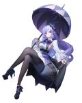  1girl absurdres black_pantyhose bow bowtie breasts center_frills commentary dress drill_hair frills full_body gem ginlear highres holding holding_umbrella large_breasts long_hair long_sleeves looking_at_viewer mole mole_under_eye pantyhose pointy_ears purple_bow purple_bowtie purple_gemstone purple_hair purple_shoes purple_umbrella red_eyes shoes sideboob_cutout sidelocks simple_background skirt_hold smile solo umbrella vivian_banshee white_background zenless_zone_zero 