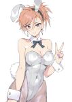 1girl animal_ear_hairband animal_ears black_bow black_bowtie bow bowtie breasts brown_eyes brown_hair cleavage detached_collar fake_animal_ears grey_leotard grey_pantyhose hairband highleg highleg_leotard highres large_breasts leotard looking_at_viewer matsuda_(matsukichi) original pantyhose playboy_bunny ponytail rabbit_ears rabbit_tail short_hair simple_background solo strapless strapless_leotard tail v white_background wrist_cuffs 
