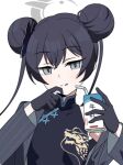  1girl bendy_straw black_dress black_gloves black_hair black_jacket blue_archive china_dress chinese_clothes closed_mouth double_bun dress drinking_straw gloves grey_eyes hair_between_eyes hair_bun halo holding jacket kisaki_(blue_archive) licking_lips long_hair long_sleeves nyaru_(nyaru_4126) open_clothes open_jacket pinstripe_jacket pinstripe_pattern simple_background sleeveless sleeveless_dress solo tongue tongue_out twintails upper_body white_background 