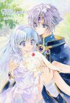  1boy 1girl :d artist_name blue_eyes blue_hair carrying carrying_person clef_(rayearth) closed_mouth colored_eyelashes couple creature dress forehead_jewel green_background hairband hetero holding holding_creature jewelry laki_(laki_cu) magic_knight_rayearth mokona pale_skin princess_carry purple_dress purple_hair purple_hairband ring ryuuzaki_umi smile split_mouth straight_hair traditional_media tree 