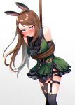  1girl animal_ears arms_behind_back ascot asymmetrical_bangs asymmetrical_legwear bangs belt blush bound breasts brown_hair dress feet_out_of_frame full-face_blush green_dress idolmaster idolmaster_(classic) idolmaster_million_live! idolmaster_million_live!_theater_days jitome long_hair looking_at_viewer medium_breasts minase_iori o-ring rabbit_ears rabbit_girl restrained rope short_dress simple_background skirt solo sweatdrop torn_clothes torn_legwear torn_skirt usameruti wavy_mouth white_background 