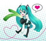  1girl ahoge black_boots black_skirt black_sleeves blue_eyes blue_hair blue_necktie blush boots chibi chibi_only collared_shirt commentary_request crodire detached_sleeves full_body grey_shirt hatsune_miku heart heart_of_string long_hair long_sleeves looking_at_viewer miniskirt necktie open_mouth pleated_skirt polka_dot polka_dot_background shirt skirt sleeveless sleeveless_shirt sleeves_past_fingers sleeves_past_wrists smile solo spoken_heart spring_onion thigh_boots twintails very_long_hair vocaloid white_background 
