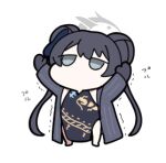  1girl arms_up barefoot black_gloves black_hair blue_archive chibi china_dress chinese_clothes double_bun dress empty_eyes full_body gloves grey_eyes grey_jacket hair_bun halo jacket jitome kisaki_(blue_archive) long_hair lowres nyaru_(nyaru_4126) pinstripe_jacket pinstripe_pattern simple_background sleeveless sleeveless_dress solo standing trembling twintails very_long_hair white_background 