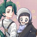  2girls :d black_eyes black_gloves black_hair black_pants closed_mouth eyelashes gloves green_hair long_hair long_sleeves looking_at_viewer maaruutaa0 multiple_girls open_mouth pants pokemon pokemon_sv poppy_(pokemon) red_eyes rika_(pokemon) shirt short_hair smile teeth 