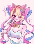  1girl ;p arm_under_breasts blonde_hair blue_eyes blue_hair blue_leotard bow bowtie breasts chouzetsusaikawa_tenshi-chan collar colored_tips hair_bow hand_on_own_arm highres leotard looking_at_viewer multicolored_hair multiple_hair_bows multiple_scars needy_girl_overdose one_eye_closed osakana_tarou_(sakana0_03) pink_hair quad_tails scar scar_on_arm solo sparkle tongue tongue_out upper_body v wrist_cuffs 