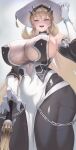  1girl :d bare_shoulders barghest_(fate) barghest_(fgo_fes._2025)_(fate) blonde_hair blue_eyes blush breasts chain commentary_request crossed_bangs elbow_gloves fate/grand_order fate_(series) gloves grey_background hat highres huge_breasts looking_at_viewer open_mouth pelvic_curtain plaster_(2501) sideboob simple_background smile solo thighs white_gloves white_hat 
