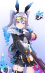  1girl absurdres animal_ears bangs barcode barcode_tattoo black_gloves black_jacket black_shorts bronya_zaychik bronya_zaychik_(haxxor_bunny) bullpup closed_mouth drill_hair drone eyewear_on_head fur-trimmed_jacket fur_trim gloves grey_eyes grey_hair gun hair_between_eyes highres holding holding_gun holding_weapon honkai_(series) honkai_impact_3rd jacket long_hair long_sleeves looking_at_viewer p90 rabbit_ears shorts smile solo submachine_gun tattoo twin_drills v weapon yang1413 