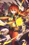  1girl absurdres armor belt black_cape black_headband breasts brown_belt brown_gloves cape chinese_commentary commentary_request commission earrings fang feet_out_of_frame fireball floating_hair gloves hair_between_eyes hair_intakes headband highres jewelry jun_(navigavi) lina_inverse long_hair looking_at_viewer medium_breasts open_mouth orange_eyes orange_hair pants pauldrons red_pants sheath sheathed shirt shoulder_armor skeb_commission slayers smile solo sphere_earrings standing sword v-shaped_eyebrows very_long_hair watermark weapon weibo_watermark yellow_shirt 