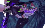  1boy black_shirt blood blood_on_face blood_on_hands blood_on_weapon copyright_name evil_grin evil_smile fingerless_gloves flippy_(happy_tree_friends) gloves green_eyes green_hair green_jacket green_nails grin hair_between_eyes happy_tree_friends highres holding holding_knife humanization jacket knife long_sleeves male_focus purple_blood ringed_eyes shirt smile solo weapon yadu_nadu 