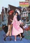  1980s_(style) 2girls absurdres adjusting_clothes adjusting_headwear blue_hair book copyright_name day dirty_pair dog hat highres holding holding_book kei_(dirty_pair) long_hair long_skirt long_sleeves looking_at_viewer looking_back mughi multiple_girls nanmo official_art outdoors pink_skirt red_hair retro_artstyle robot scan short_hair skirt walking yuri_(dirty_pair) 