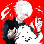  1boy bangs black_nails black_shirt bug centipede chain closed_mouth commentary_request hair_over_one_eye hand_up kaneki_ken koujima_shikasa long_sleeves looking_at_viewer male_focus nail_polish pale_skin pulling red_background red_eyes shirt short_hair simple_background solo tokyo_ghoul upper_body white_hair 