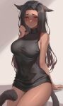  1girl absurdres animal_ears black_hair black_shirt blush breasts cat_ears cat_girl cat_tail commentary ear_piercing earrings embarrassed english_commentary highres jewelry large_breasts long_hair looking_at_viewer meowrim multicolored_hair navel original parted_bangs piercing red_eyes red_hair shirt sitting sleeveless sleeveless_shirt sleeveless_turtleneck solo streaked_hair tail teeth thighs turtleneck turtleneck_shirt very_long_hair 