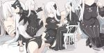  1girl :d ^^^ ass black_dress black_panties breast_grab breasts butterfly_hair_ornament chair closed_eyes covered_navel disembodied_limb dress echidna_(re:zero) finger_in_mouth grabbing grey_background hair_between_eyes hair_ornament holding_another&#039;s_wrist long_hair looking_at_viewer medium_breasts multiple_views on_chair one_eye_closed open_mouth outstretched_arms panties re:zero_kara_hajimeru_isekai_seikatsu red_eyes shiseki_hirame simple_background sitting smile solo_focus striped striped_dress underwear vertical-striped_dress vertical_stripes white_hair 
