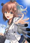  1girl anchor_symbol binoculars black_sailor_collar blue_sky brown_eyes brown_hair cherry_blossoms cloud commentary_request dorachan_r dress flower grey_neckerchief hair_flower hair_ornament headset highres kantai_collection missile motion_blur neckerchief open_mouth remodel_(kantai_collection) round_teeth sailor_collar sailor_dress short_hair sky smile solo speaking_tube_headset teeth upper_teeth yukikaze_(kancolle) 