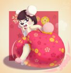 absurd_res animal_crossing anthro bear big_diaper brown_hair clean_diaper clothed clothing cotton_tail diaper diaper_fetish diaper_only female flower fur green_eyes hair hand_on_diaper head_tuft hi_res huge_diaper hyper_diaper looking_at_viewer mammal nintendo onomatopoeia open_mouth pekoe_(animal_crossing) pink_body pink_fur plant poofykitten rear_view red_diaper shaded sharp_teeth signature solo sound_effects square teeth text tongue topless touching_diaper tuft watermark wearing_diaper yellow_body yellow_flower yellow_fur
