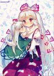 2girls aged_down amo_(shibu3) black_shoes blush bow carrying child_carry dress ex-keine fujiwara_no_mokou gem green_dress kamishirasawa_keine long_hair multiple_girls ofuda ofuda_on_clothes pants raised_eyebrows red_bow red_eyes red_pants red_suspenders shirt shoe_soles shoes socks tail touhou very_long_hair white_background white_hair white_shirt white_socks 