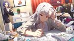  2girls animal bag black_cat black_jacket blue_hair bracelet cat cellphone chest_of_drawers closed_mouth commentary_request crumpled_paper curtains desk drawing_(action) electrical_outlet game_cg grey_hair holding holding_pencil idolmaster idolmaster_(classic) idolmaster_million_live! idolmaster_million_live!_theater_days indoors jacket jewelry lapels long_hair miura_azusa multiple_girls necklace notched_lapels official_art open_mouth paper pencil pencil_skirt phone plaid_clothes plaid_jacket purple_eyes shijou_takane short_hair shoulder_bag sitting skirt smartphone sweatdrop third-party_source 