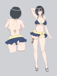  1girl absurdres arm_behind_head arm_up ass back backboob bikini bikini_skirt black_hair blue_bikini blush breasts cleavage commentary_request cowboy_shot from_behind full_body grey_background halterneck highleg highleg_bikini highres kantai_collection large_breasts legs looking_at_viewer multiple_views navel odachu red_eyes sandals short_hair sidelocks smile stomach straight-on sunglasses swimsuit takao_(kancolle) thigh_strap toes underboob unworn_eyewear 
