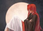  1girl alternate_costume alternate_hair_length alternate_hairstyle ange_katrina brown_kimono closed_eyes closed_mouth commentary crossed_arms elmida feet_out_of_frame from_side full_moon grey_background hair_intakes hair_over_shoulder highres japanese_clothes kimono knee_up leaning_back long_hair long_skirt long_sleeves moon moon_background nijisanji profile red_hair skirt sleeping solo very_long_hair virtual_youtuber white_skirt 