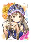  1girl absurdres atelier_(series) atelier_magnolia atelier_meruru brown_eyes brown_hair closed_mouth commentary_request eyelashes flower gem heart heart_hands highres long_hair looking_at_viewer pink_flower red_gemstone smile solo totooria_helmold white_background yellow_flower 