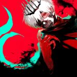  1boy bangs black_background black_mask claws colored_skin commentary_request crown glowing glowing_eye hand_up kagune_(tokyo_ghoul) kaneki_ken koujima_shikasa looking_at_viewer male_focus mask mouth_mask red_background red_eyes red_skin short_hair teeth_print tentacles tokyo_ghoul tokyo_ghoul:re white_hair 