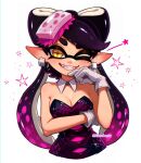  1girl artist_name black_hair breasts callie_(splatoon) callie_(squid_sisters_outfit)_(splatoon) cleavage commentary detached_collar dress english_commentary food food_on_head gloves highres inkling long_hair looking_at_viewer medium_breasts mole mole_under_eye multicolored_hair object_on_head one_eye_closed pink_hair pointy_ears ribonhaato short_eyebrows smile solo sparkle splatoon_(series) star-shaped_pupils star_(symbol) strapless strapless_dress symbol-shaped_pupils teeth tentacle_hair thick_eyebrows twitter_username two-tone_hair watermark white_background white_gloves yellow_eyes 