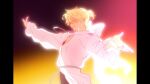  1boy alien_stage back_bow blonde_hair bow clothing_cutout colored_eyelashes highres long_sleeves lubya luka_(alien_stage) male_focus outstretched_arms pillarboxed shirt short_hair smile solo spread_arms very_short_hair white_bow white_shirt yellow_eyes 