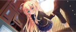  1boy 1girl ahoge blazer blonde_hair blue_eyes blue_jacket blue_necktie blue_skirt blush braid collared_shirt contemporary day diagonal-striped_clothes diagonal-striped_necktie emblem food-themed_hair_ornament frilled_skirt frills from_above gakuran game_cg grape_hair_ornament hair_ornament hairclip highres indoors iris_(konosuba) jacket kono_subarashii_sekai_ni_shukufuku_wo! konosuba!_fantastic_days light_rays locker long_hair long_sleeves looking_at_another miniskirt necktie official_alternate_costume official_art open_mouth plaid_clothes plaid_skirt pleated_skirt red_necktie satou_kazuma school school_emblem school_uniform shade shadow shirt side_braid sidelocks skirt striped_clothes sunbeam sunlight two-tone_necktie white_shirt 