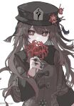 1girl bead_bracelet beads black_nails bracelet brown_hair chinese_clothes flower flower-shaped_pupils genshin_impact hair_between_eyes hat hat_flower highres holding holding_flower hu_tao_(genshin_impact) jewelry long_hair long_sleeves looking_at_viewer nayuta_(8888_mugen) red_eyes ring shirt solo spider_lily symbol-shaped_pupils twintails twitter_username upper_body very_long_hair white_background 