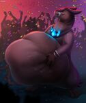 ambiguous_anthro ambiguous_gender anthro background_character blue_eyes blue_tongue blurred_background generation_2_pokemon group hi_res licking licking_lips licking_own_lips mouth_closed narrowed_eyes nintendo nude party pokemon pokemon_(species) roobin solo_focus standing tongue tongue_out typhlosion vore