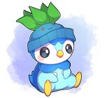  absurdres artist_name beanie black_eyes blush commentary english_commentary hat highres no_humans oddish outline pink_background piplup pokemon pokemon_(creature) sevi_(seviyummy) sitting solo watermark white_background white_outline 