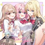  5girls ;d amaori_renako aqua_hair black_hair blonde_hair blush bow braid brown_hair carrying chibi hair_ornament hand_on_another&#039;s_thigh hand_on_another&#039;s_waist highres koto_satsuki koyanagi_kaho multiple_girls one_eye_closed ouzuka_mai pink_hair princess_carry red_bow school_uniform sena_ajisai smile sweatdrop thighs watashi_ga_koibito_ni_nareru_wake_naijan_murimuri! wavy_mouth 