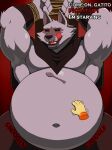 anthro bdsm belly belly_rub big_belly black_sclera bloated bondage bound canid canine canis death_(puss_in_boots) disembodied_hand domestic_cat dreamworks duo felid feline felis fur grey_body grey_fur hi_res hidi licking licking_lips male male/male mammal muscular muscular_male orange_body orange_fur puss_in_boots_(dreamworks) puss_in_boots_(franchise) red_eyes rope rumbling_stomach tongue tongue_out wolf