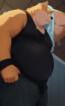 2025 absurd_res anthro belly black_nose bodily_fluids bottomwear canid canine canis clothing detailed_background domestic_dog hi_res kemono locker_room male mammal noctnoc overweight overweight_male pants shirt solo standing sweat topwear towel