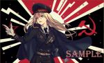  1girl black_background black_cape black_necktie blonde_hair blue_eyes cape collar_chain_(jewelry) dress_shirt english_text epaulettes facing_to_the_side finger_gun gloves hat jacket kotomeiro long_hair medal medallion military_hat military_jacket military_uniform necktie original outstretched_arm parted_bangs peacoat pointing red_background scabbard sheath shirt turning_head two-tone_background white_gloves white_shirt 