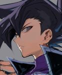  1boy aoki_(fumomo) arm_up black_hair black_jacket collared_jacket grey_background grey_eyes highres jacket looking_to_the_side male_focus manjoume_jun popped_collar portrait profile purple_shirt shirt sideburns sideways_glance simple_background sketch solo spiked_hair turtleneck unfinished yu-gi-oh! yu-gi-oh!_gx 