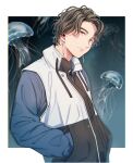  1boy aam09212 brown_hair closed_mouth earrings hands_in_pockets highres jellyfish jewelry kamen_rider karakida_hanto long_sleeves looking_at_viewer male_focus outside_border short_hair side_part solo upper_body 