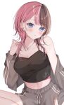  1girl absurdres alternate_costume black_camisole blue_eyes blush brown_hair camisole earrings highres jacket jewelry looking_at_viewer multicolored_hair open_mouth pink_hair shain shorts simple_background solo split-color_hair sweat tachibana_hinano track_jacket two-tone_hair virtual_youtuber vspo! white_background 