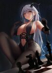  1girl absurdly_long_hair aegir_(azur_lane) azur_lane black_legwear board_game bodice breast_curtains breasts chess cleavage cross-laced_clothes demon_horns dutch_angle elbow_gloves gloves hair_on_horn highres horns large_breasts long_hair multicolored_hair night night_sky pantyhose red_hair shigatsu_(4gate) sky slit_pupils solo star_(sky) starry_sky streaked_hair thighs very_long_hair white_hair yellow_eyes 