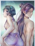  1boy 1girl absurdres apron ass blue_eyes border breasts commander_kei covered_nipples eyes_visible_through_hair fingernails green_background green_hair hand_on_own_ass highres jinshi_(kusuriya_no_hitorigoto) kusuriya_no_hitorigoto long_hair looking_at_viewer maomao_(kusuriya_no_hitorigoto) muscular muscular_male naked_apron outside_border pink_apron purple_eyes purple_hair pussy small_breasts standing white_background white_border 