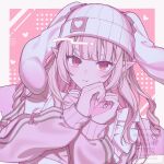  1girl :t absurdres animal_ears beanie blunt_bangs border bow chest_harness colored_inner_hair drill_hair fake_animal_ears floppy_ears frills hair_down harness hat hat_bow heart heart_hands highres jacket long_hair looking_at_viewer makaino_ririmu multicolored_hair nijisanji niniiiio0o official_alternate_costume official_alternate_hairstyle outside_border own_hands_together pink_background pink_hair pink_jacket pink_ribbon pink_theme pink_wings pointy_ears rabbit_ears red_eyes ribbon sidelocks sleeves_past_wrists streaked_hair track_jacket upper_body v-shaped_eyebrows virtual_youtuber watermark white_border wings 