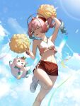  1girl absurdres aoba_ao aqua_eyes aqua_hair armpits blue_sky breasts cheerleader commentary_request crop_top drill_hair highres holding holding_polearm holding_weapon honkai:_star_rail honkai_(series) hyacine_(honkai:_star_rail) leg_up little_ica_(honkai:_star_rail) medium_hair multicolored_hair navel one_eye_closed outdoors parted_lips pegasus pink_hair polearm red_shorts shoes short_shorts shorts sky small_breasts stomach twin_drills two-tone_hair weapon white_shoes 