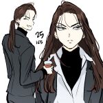  1girl black_shirt brown_eyes brown_hair character_age closed_eyes collared_shirt cup disposable_coffee_cup disposable_cup frown grey_jacket grey_pants grey_suit highres holding holding_cup jacket layered_shirt long_hair multiple_views original pants ponytail shirt smile suit suit_jacket turtleneck turtleneck_shirt vivinos white_shirt 
